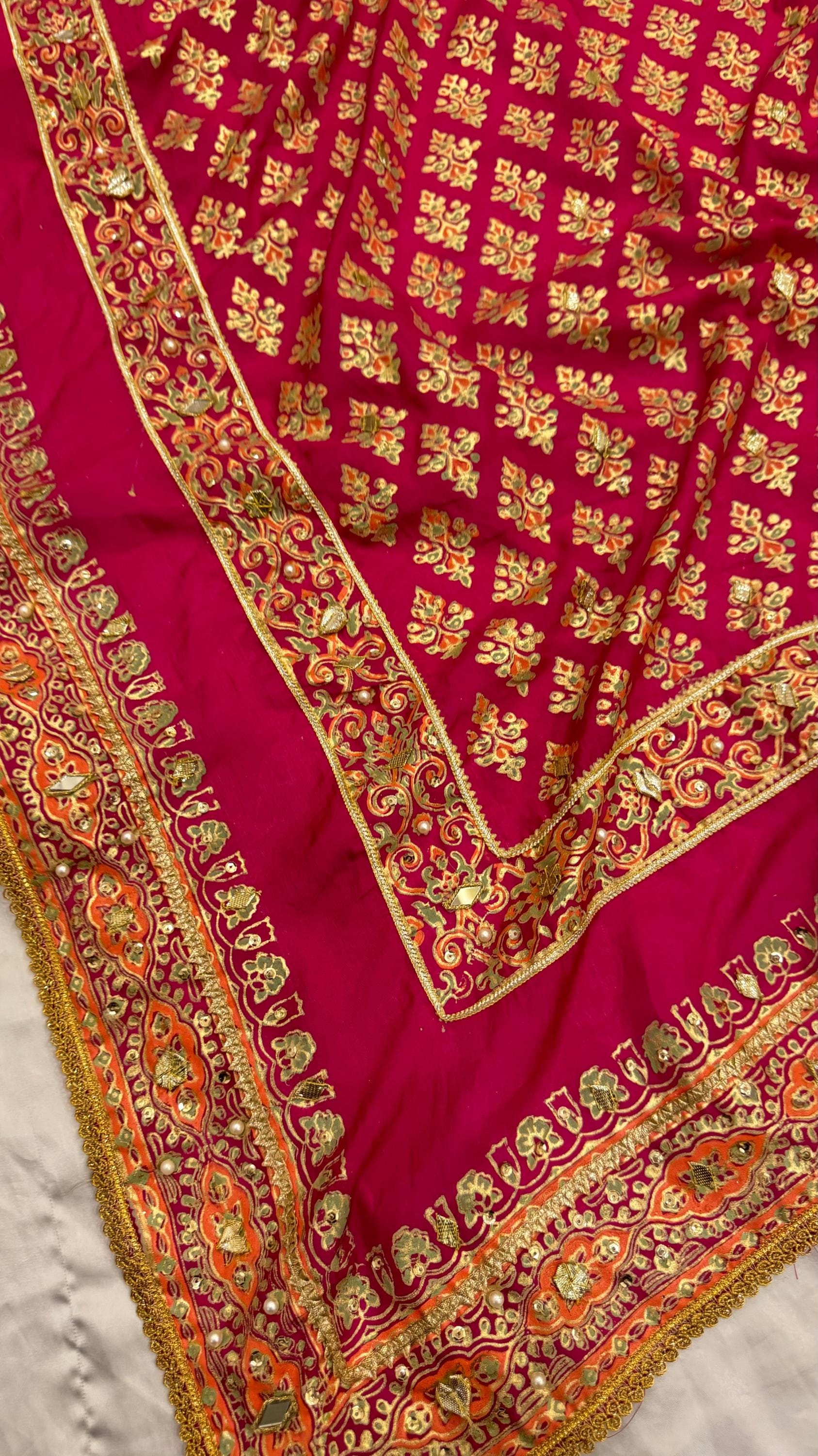 Shocking Pink Silk Dupatta: Indian Wedding Shawl with Gota Details,gotta work duppata,indian duppata,kamdani duppata,silk kamdani duppata,
