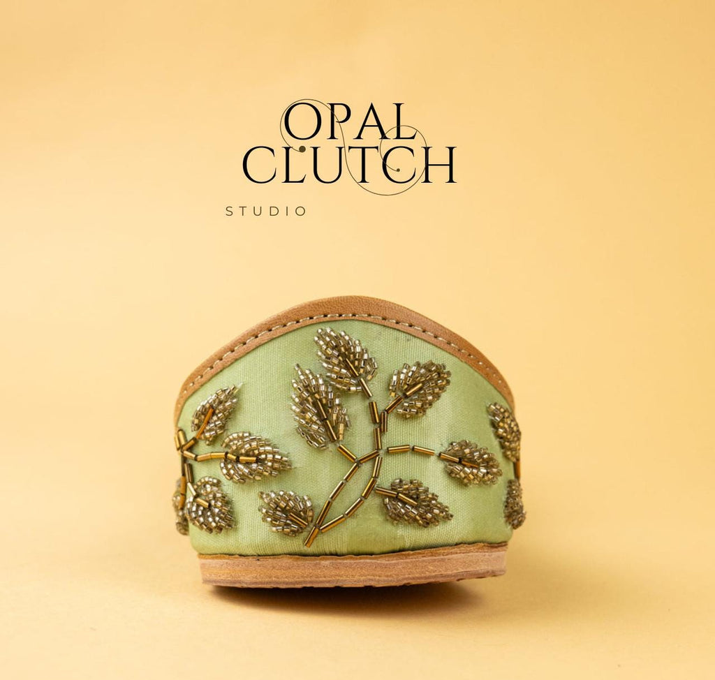 Elegant Pistachio Green Silk Jutti with Exquisite Glass Bead Embroidery | Free Shipping Included