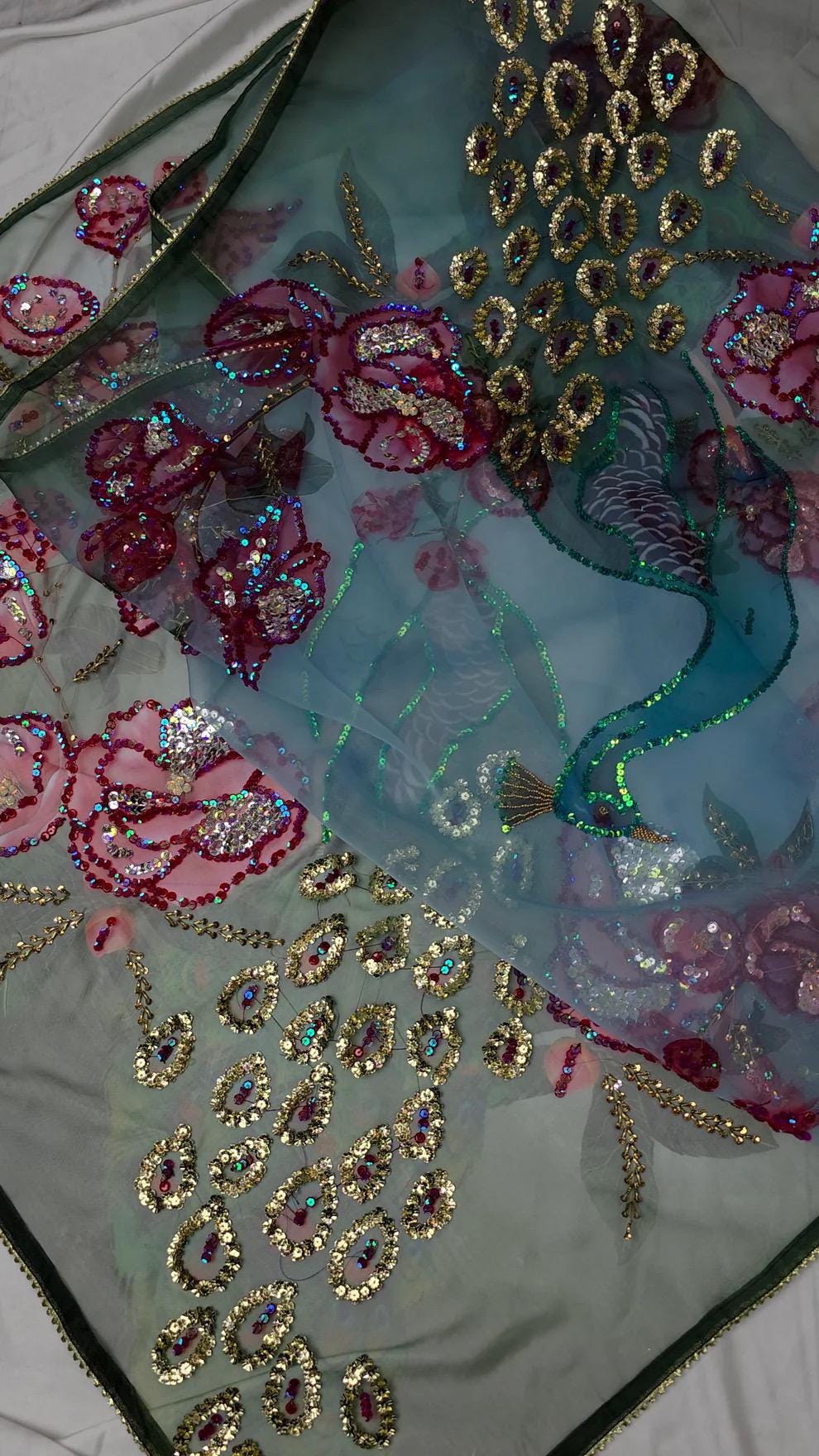 Handpainted Bridal Dupatta & Farshi Shalwar: Nikkah Green Tissue