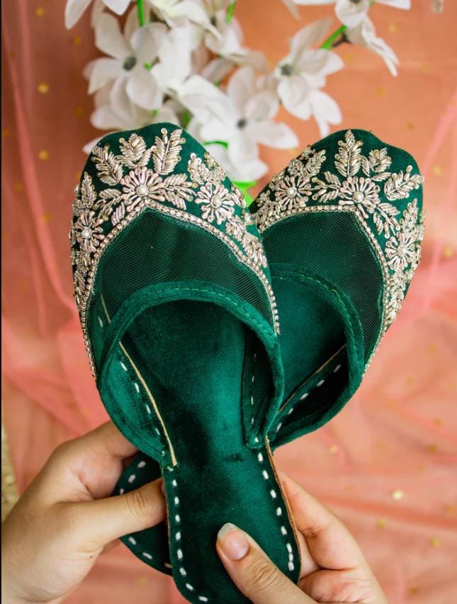 Handmade Green Velvet Jutti: Embroidered Khussa Flats, Indian Wedding Shoes