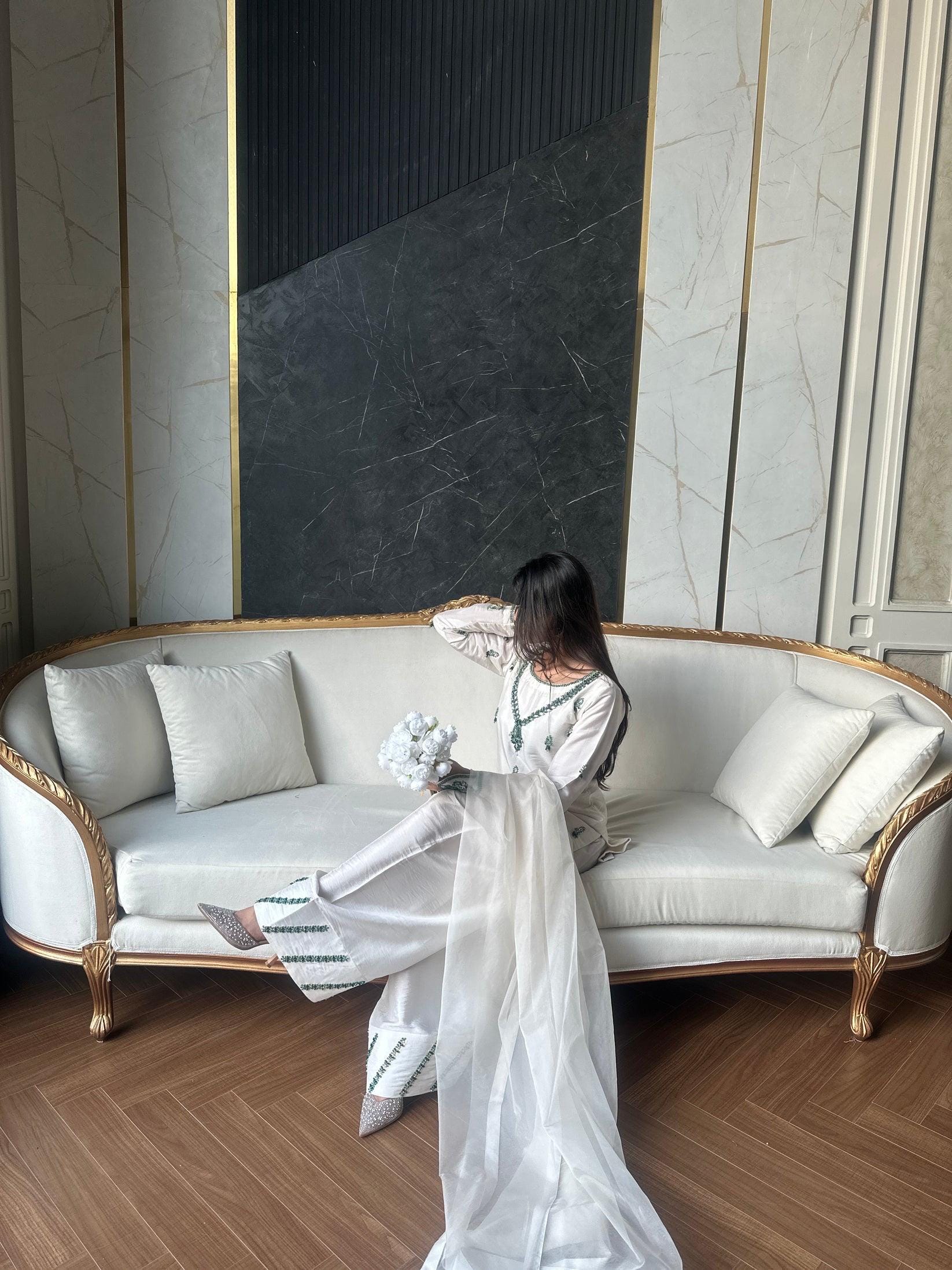 Embroidered White Silk Farshi Shalwar Kameez: Pakistani Party Suit