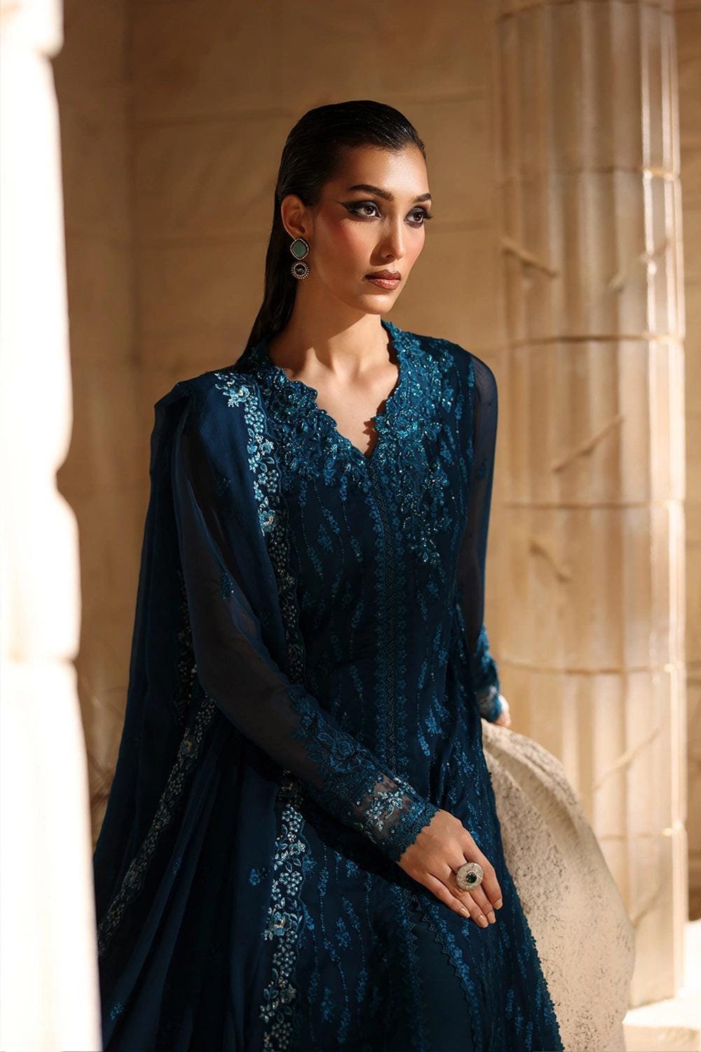 Teal blue  Chiffon Pakistani Bridal Suit: Embroidered Net Dress, long shirt