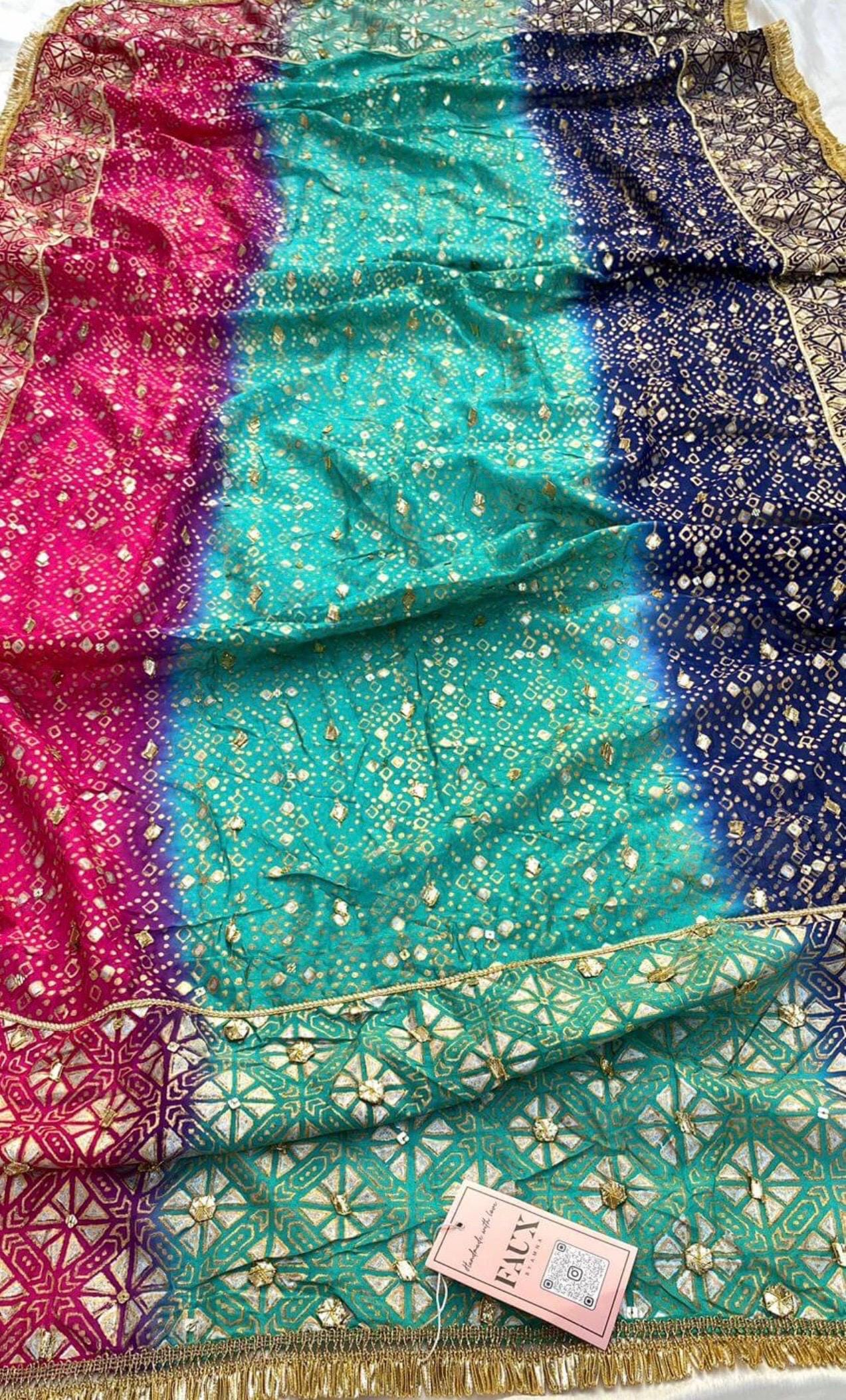 Shaded Silk Chunri Dupatta, Gota Work, Pakistani Wedding Shawl