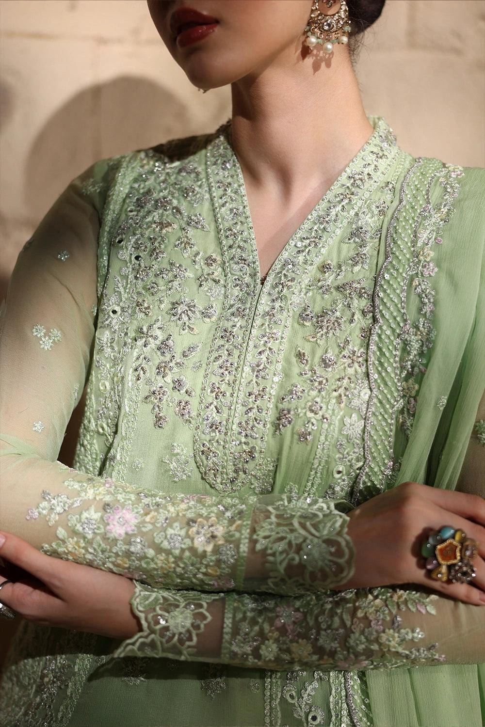 light green Chiffon Pakistani Bridal Suit: Embroidered Net Dress
