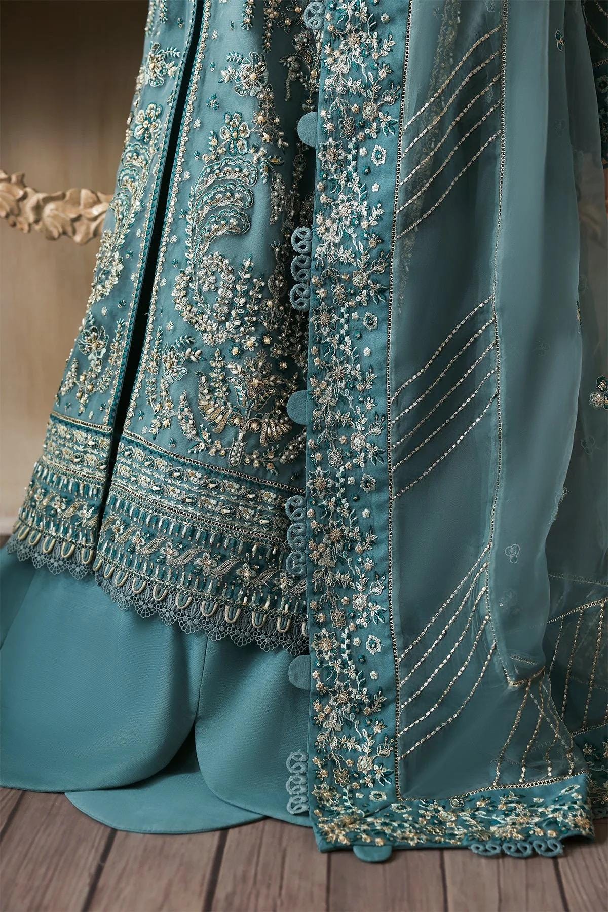 Teal Blue Embroidered Organza Pakistani Suit: 3-Piece Wedding Party Wear