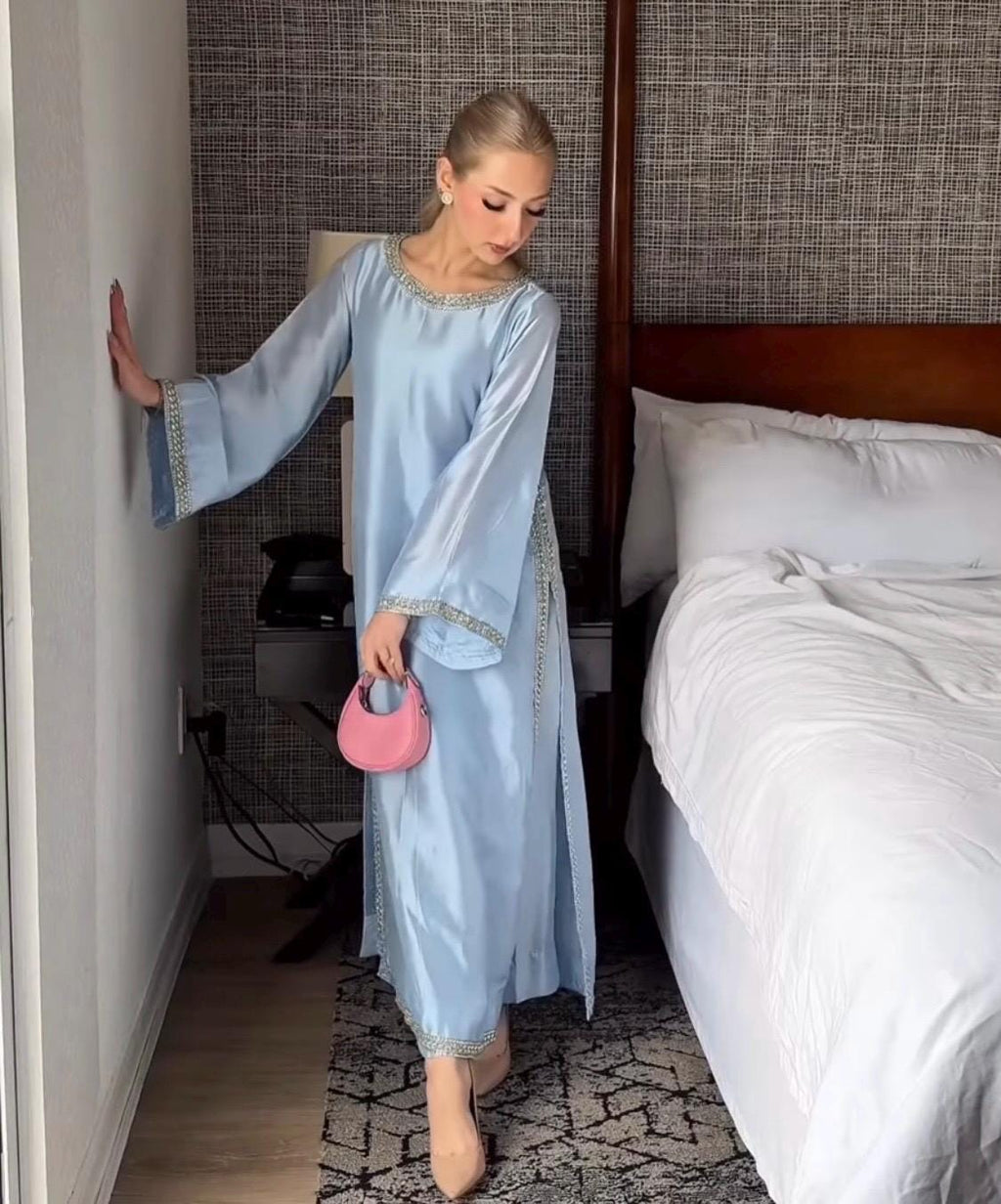 Blue Silk Kameez Shalwar, Pakistani Outfit, Stone Work 3pc