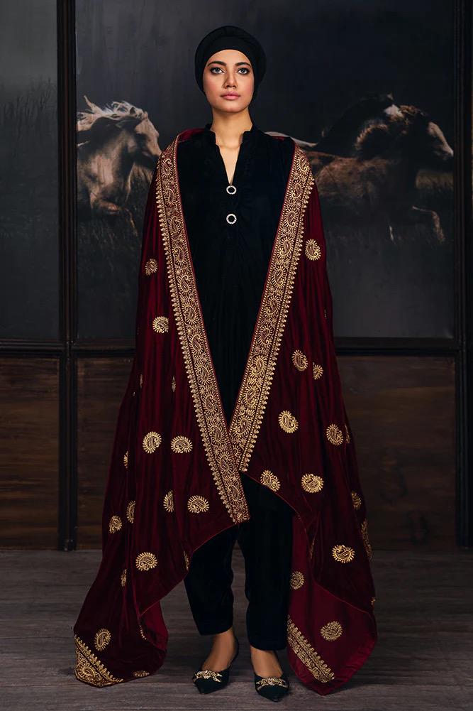 Zari Maroon Velvet Bridal Shawl, Kashmiri Style