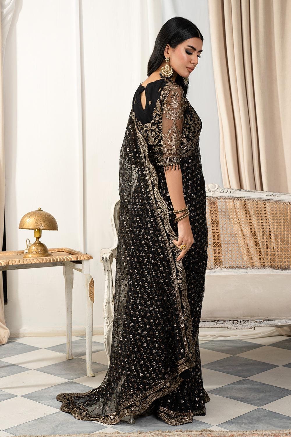 Black Sequin Embroidered Chiffon Saree, Indian Wedding Designer Saree