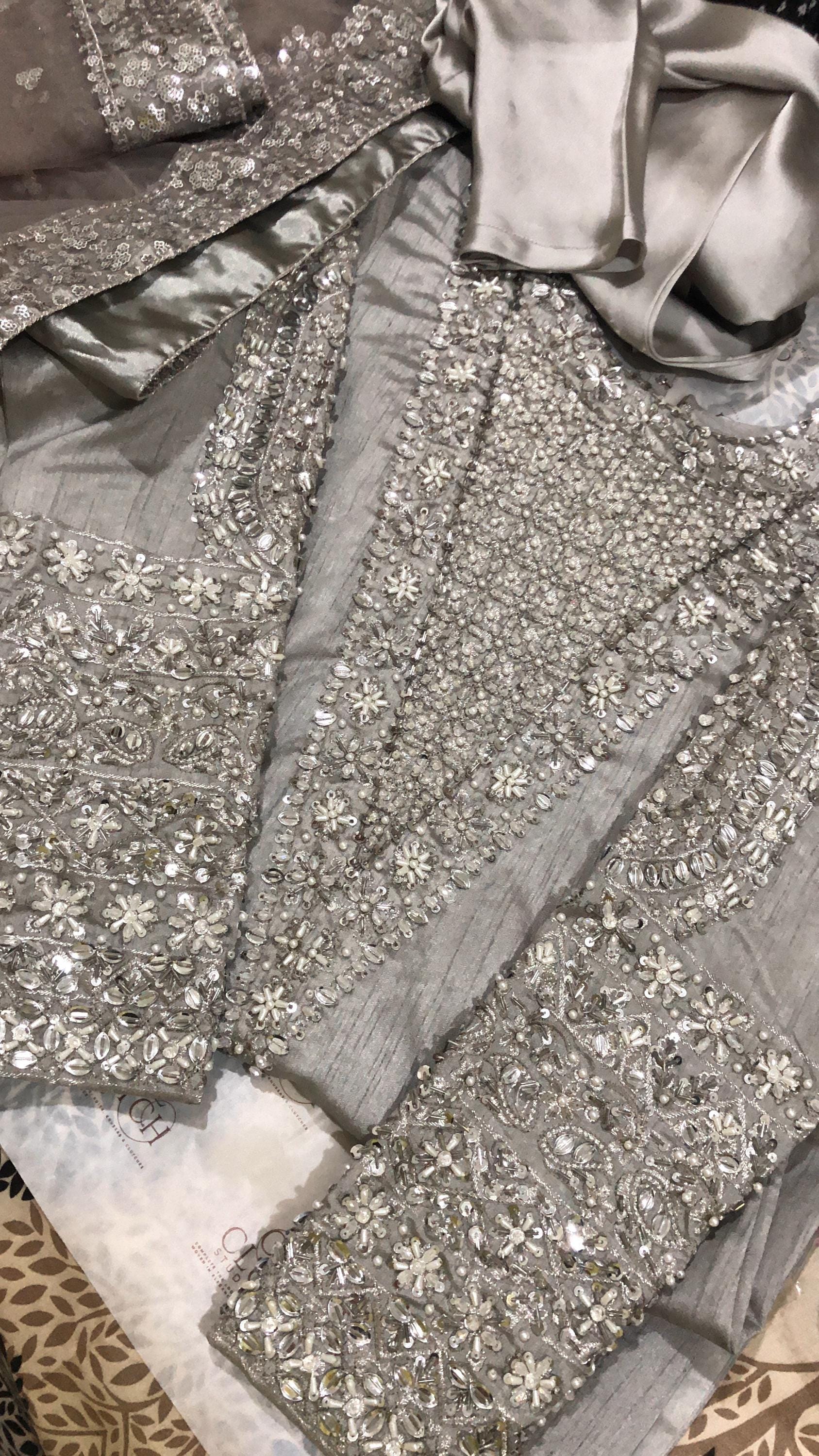 Grey Silk Salwar Kameez Suit, Embroidered Indian Wedding Dress