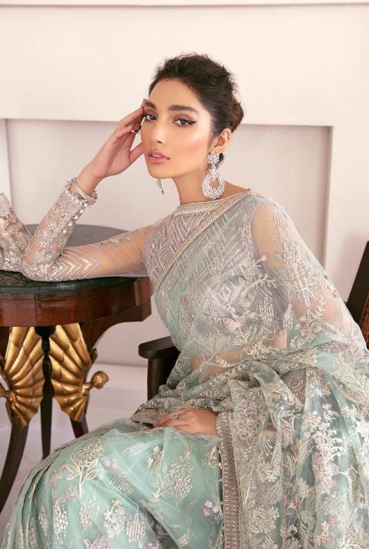 Sea Green Embroidered Net Saree: Indian Silk Wedding Party Wear