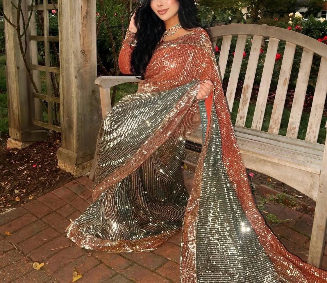 Black and orange Sequin Saree with Embroidered Blouse: Indian Party Wear
