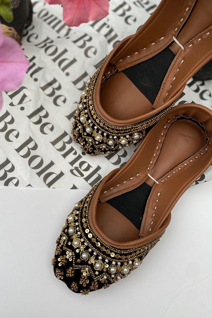 Black & Gold Bridal Jutti Flats: Handmade Pakistani Wedding Shoes