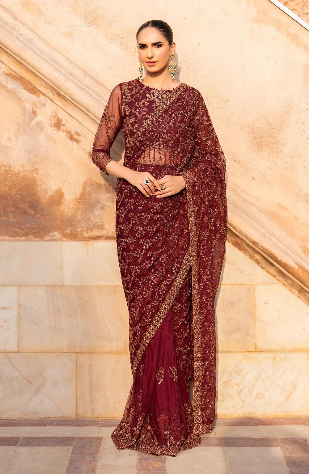 Maroon Sequins Embroidered Net Saree, Indian Party Wear, Blouse Included