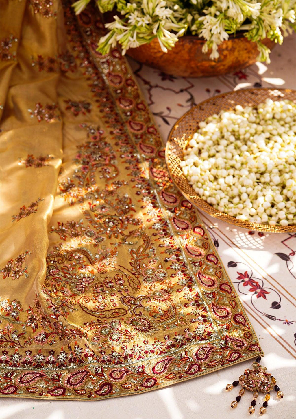 Gold Indian Silk Kamdani Bridal Shawl