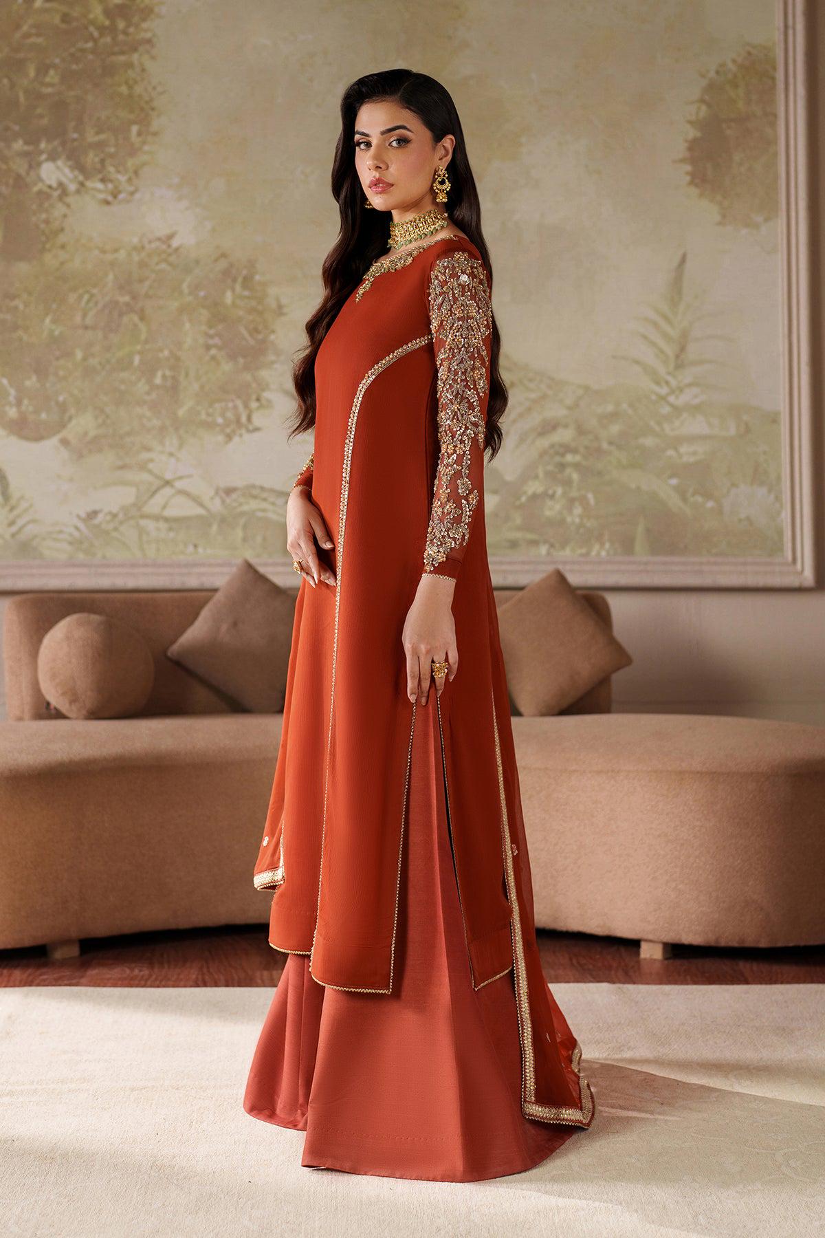 Rust Kamdani Sharara Suit, Pakistani Wedding Dress, Embroidered fancy chiffon dress