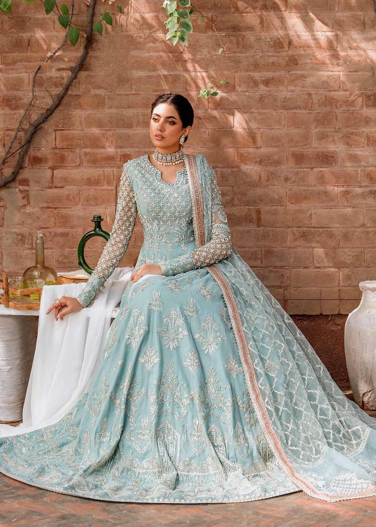 Ice Blue Embroidered Net Maxi Dress: Pakistani Wedding Outfit