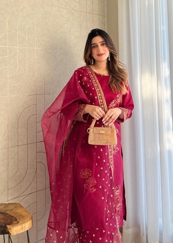 Embroidered Magenta haze Kattan Silk Suit Culottes  and organza Dupatta