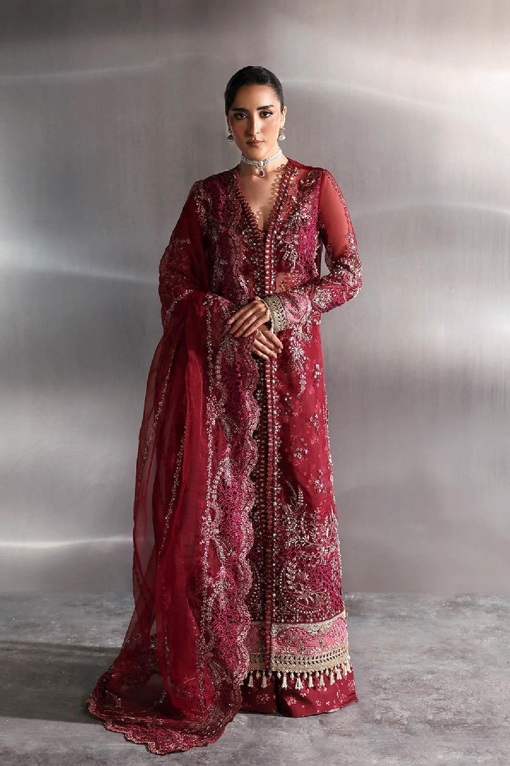 Embroidered Garnet Organza Pakistani Suit: 3-Piece Eid Outfit