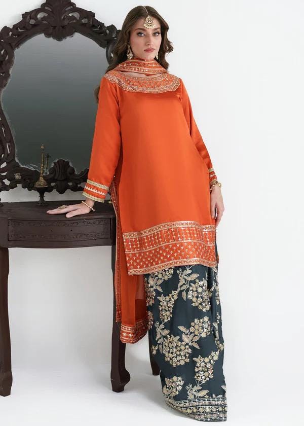 Embroidered Silk Shalwar Suit, Orange Chiffon Farshi Dress, Organza Dupatta