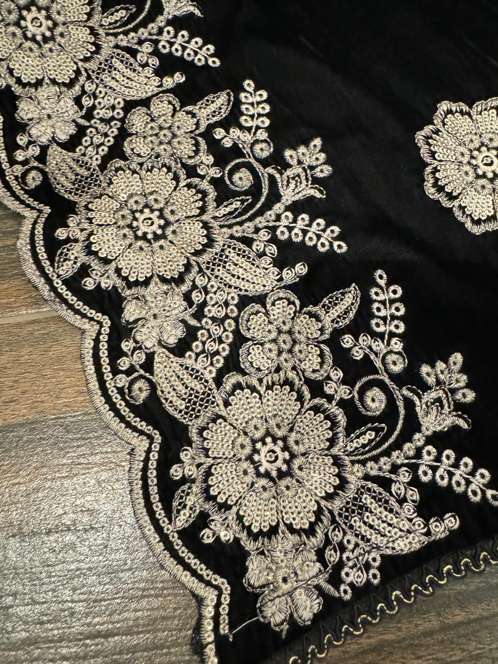 Black Velvet Shawl, Silver Gold Embroidered Floral, Indian Wedding Shawl