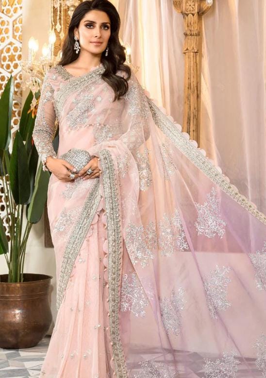 Luxurious Pink Embroidered Net Saree | Pakistani Bridal Reception