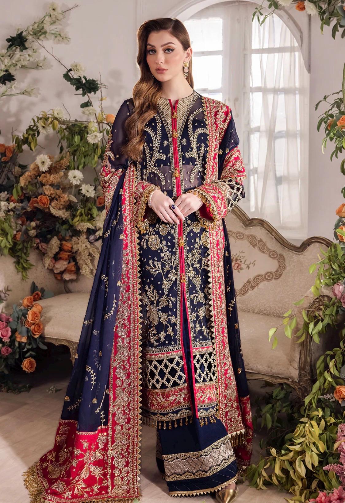 Blue Pakistani Bridal Guest Suit: Embroidered Chiffon 3pc Dress
