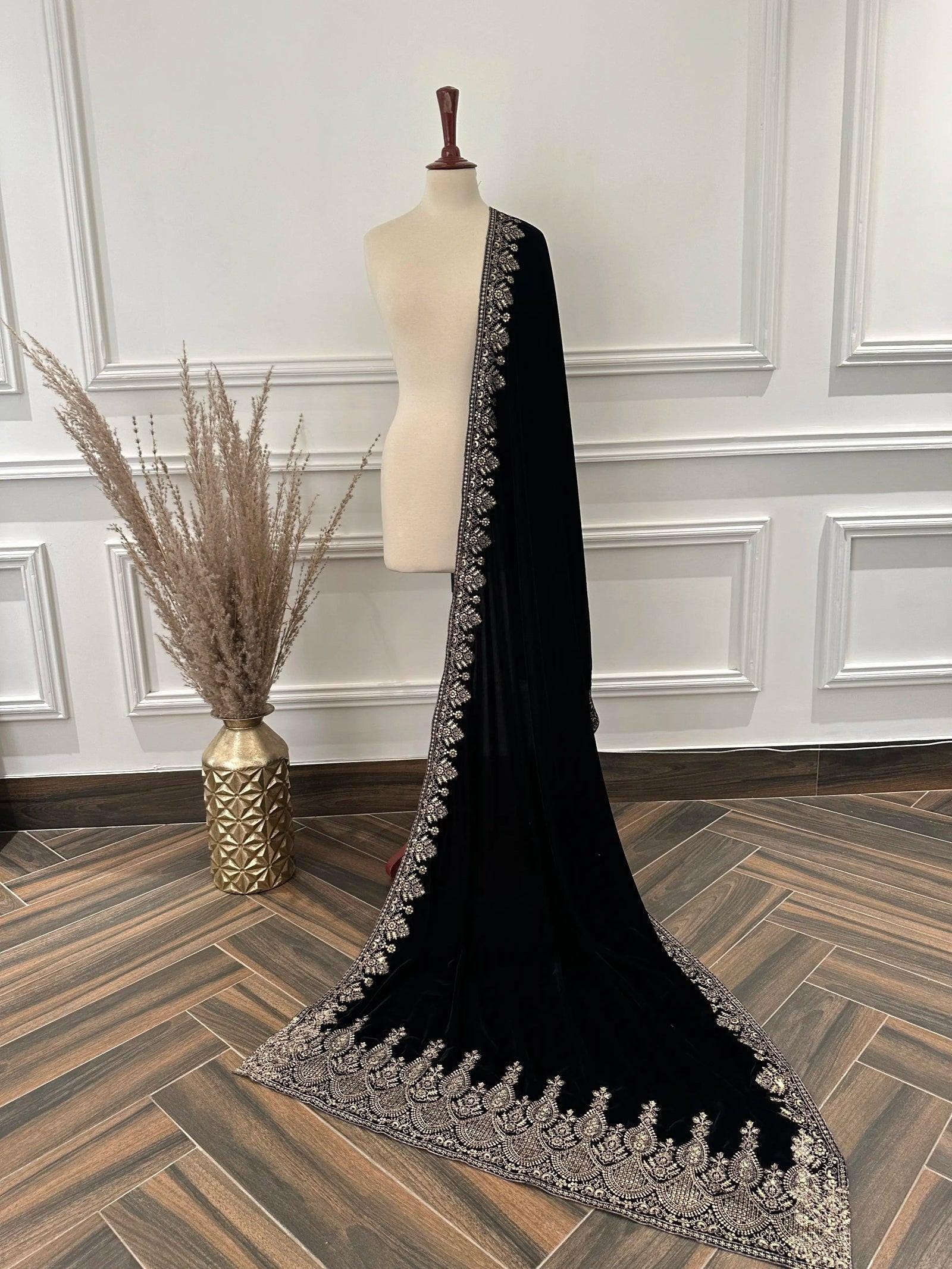 Black Velvet Shawl | Indian Tila Embroidered Wrap