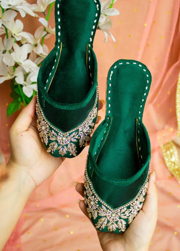 Handmade Green Velvet Jutti: Embroidered Khussa Flats, Indian Wedding Shoes