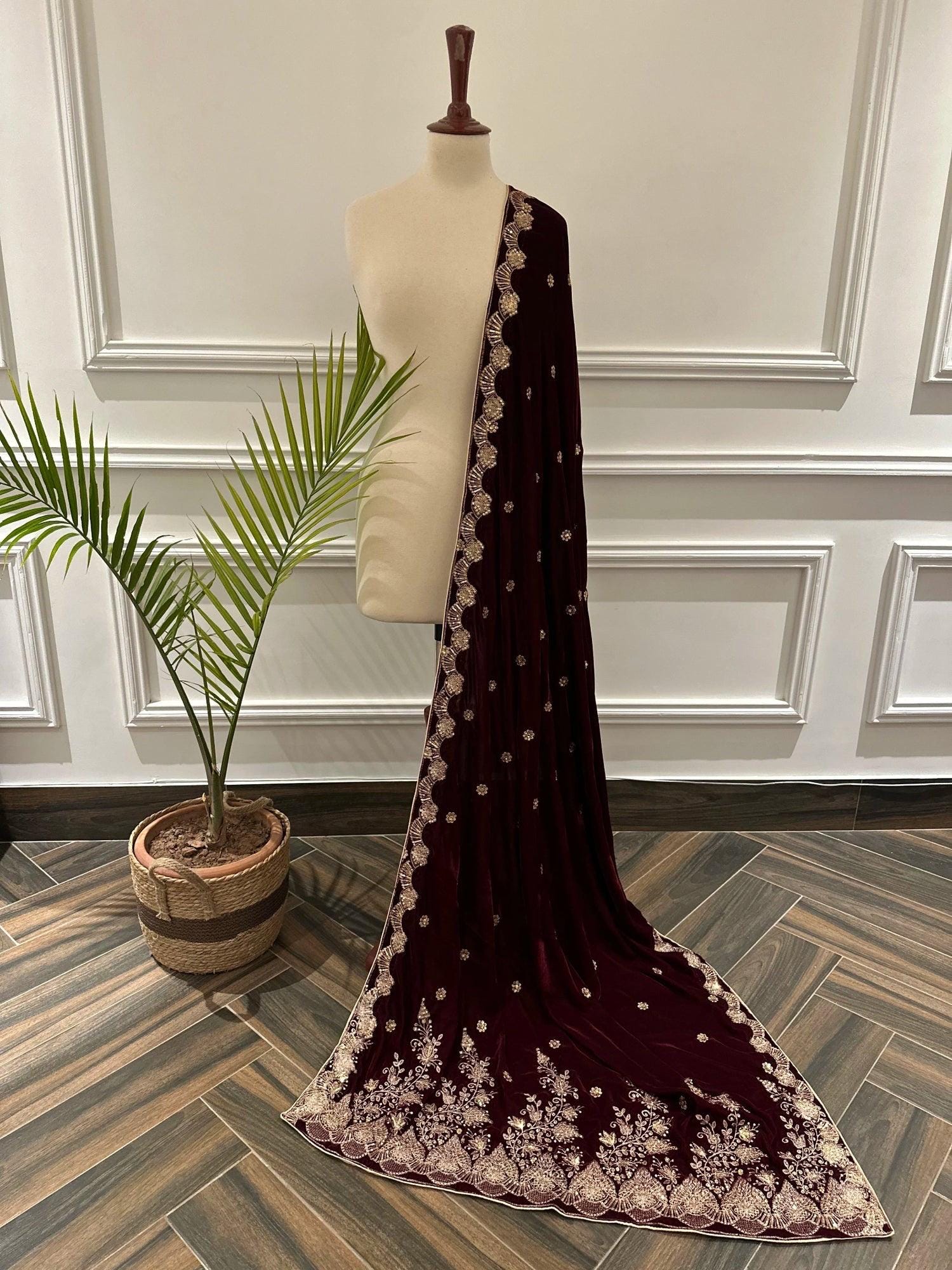 Maroon Velvet Embroidered Shawl: Bridal Duppatta with Cutwork Border