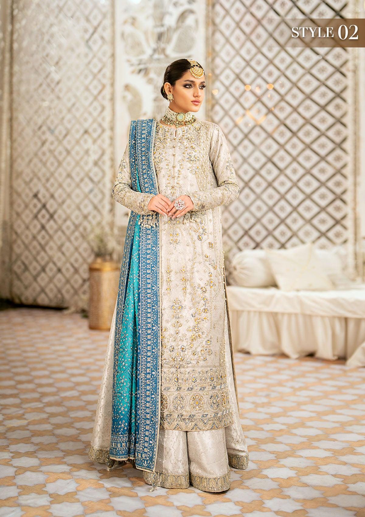 Embroidered Silk Dupatta: Grey Blue Pakistani Wedding Shawl