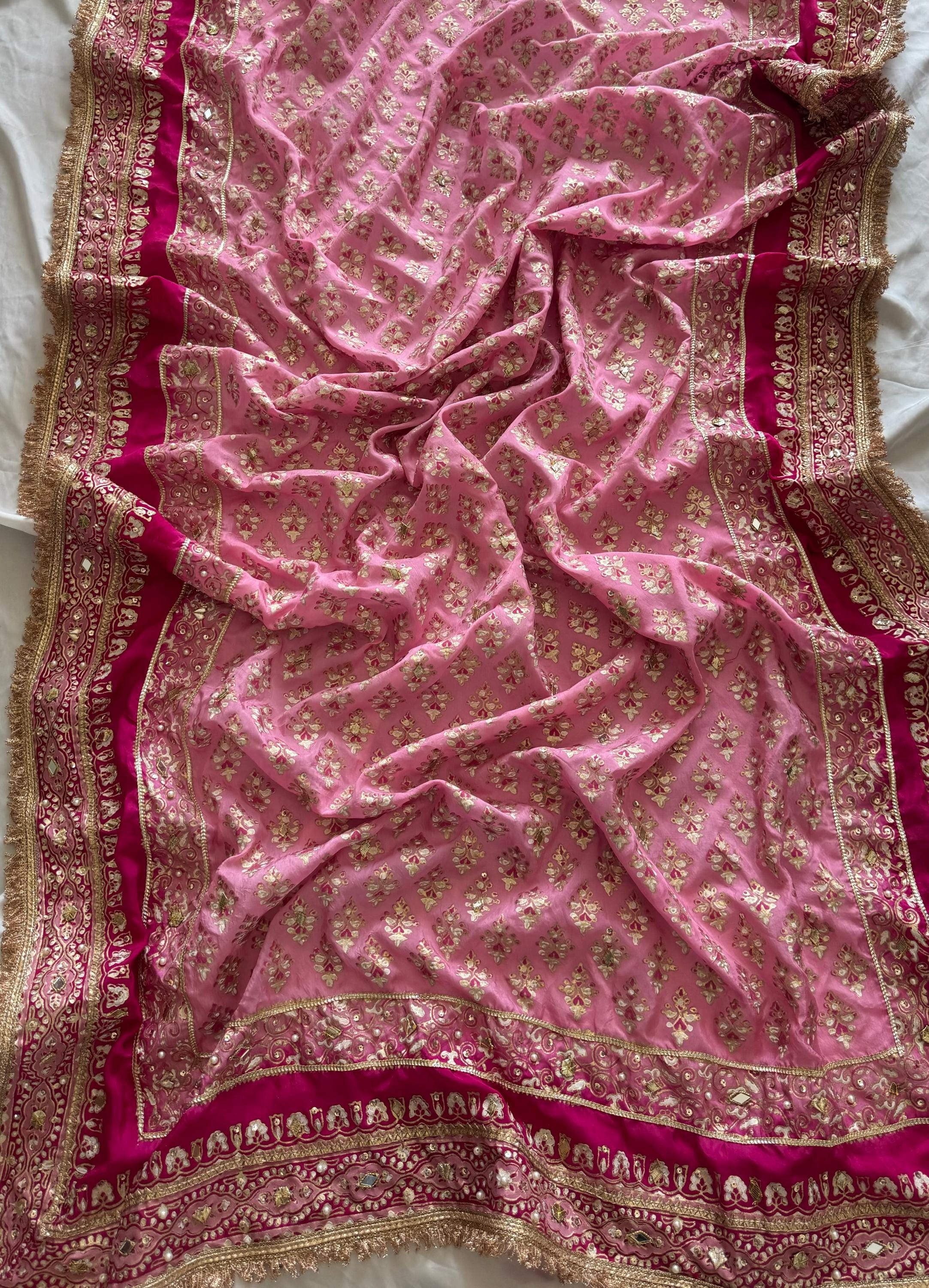 Pink Kamdani Silk Dupatta & Khussa Set: Pakistani/Indian Handwork