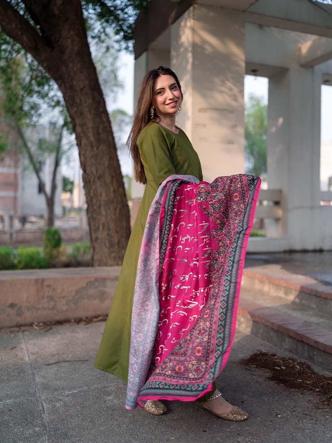 Manzil Hot Pink Silk Dupatta | Arabic Calligraphy Shawl | Elegant Modest Wrap | Spiritual Fashion