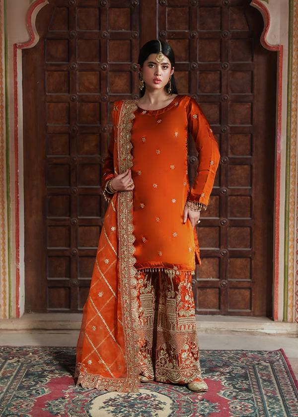 Embroidered Silk Shalwar Kameez: Pumpkin Orange Indian Party Outfit, 3pc punjabi suit women dress