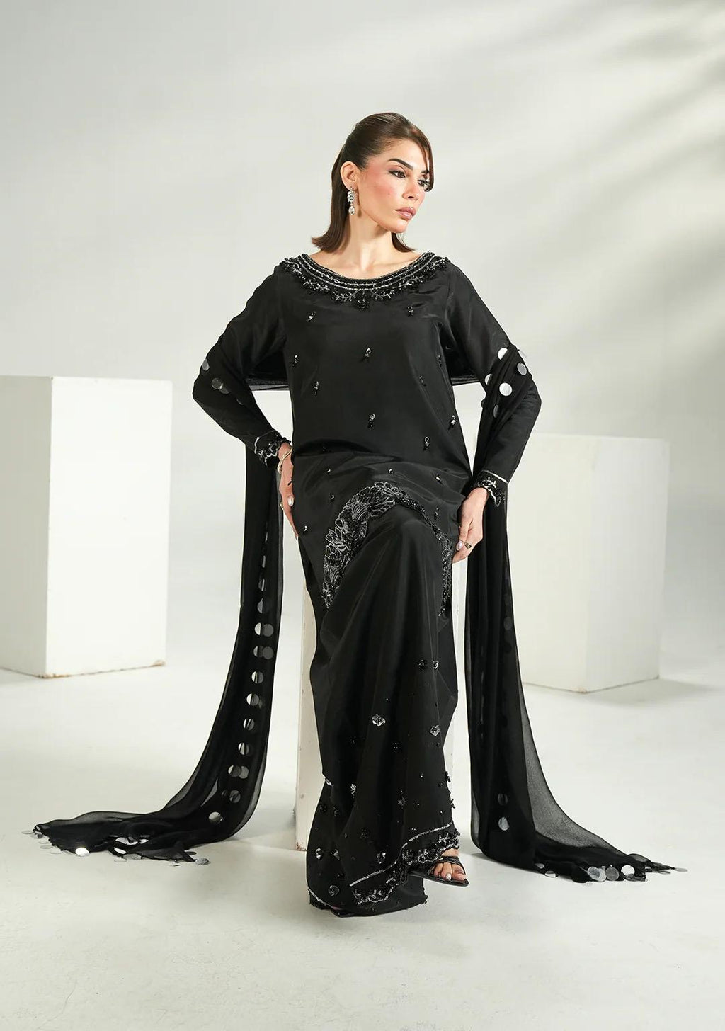 Embroidered Black Silk Farshi Shalwar Kameez: Indian Wedding Outfit with Chiffon Dupatta