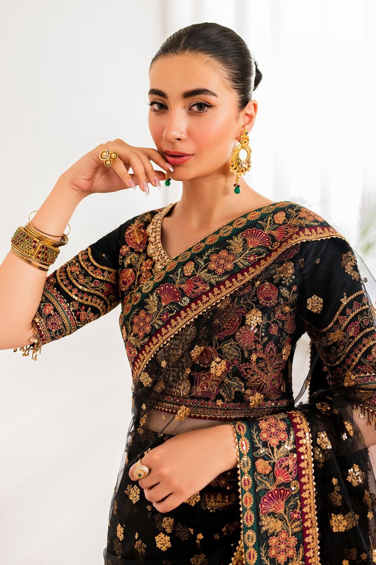 Black Threadwork Embroidered Net Saree, Indian Party Wear