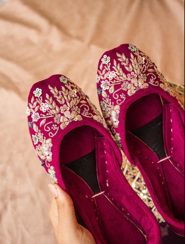Magenta Velvet Jutti: Gold Embroidered Wedding Khussa Shoes