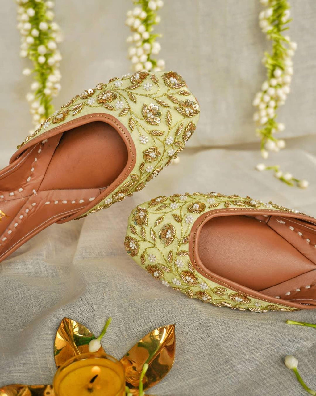 Bridal Khussa Flats: Mint Green & Gold Jutti, Handcrafted Pakistani Wedding Shoes