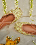 Bridal Khussa Flats: Mint Green & Gold Jutti, Handcrafted Pakistani Wedding Shoes