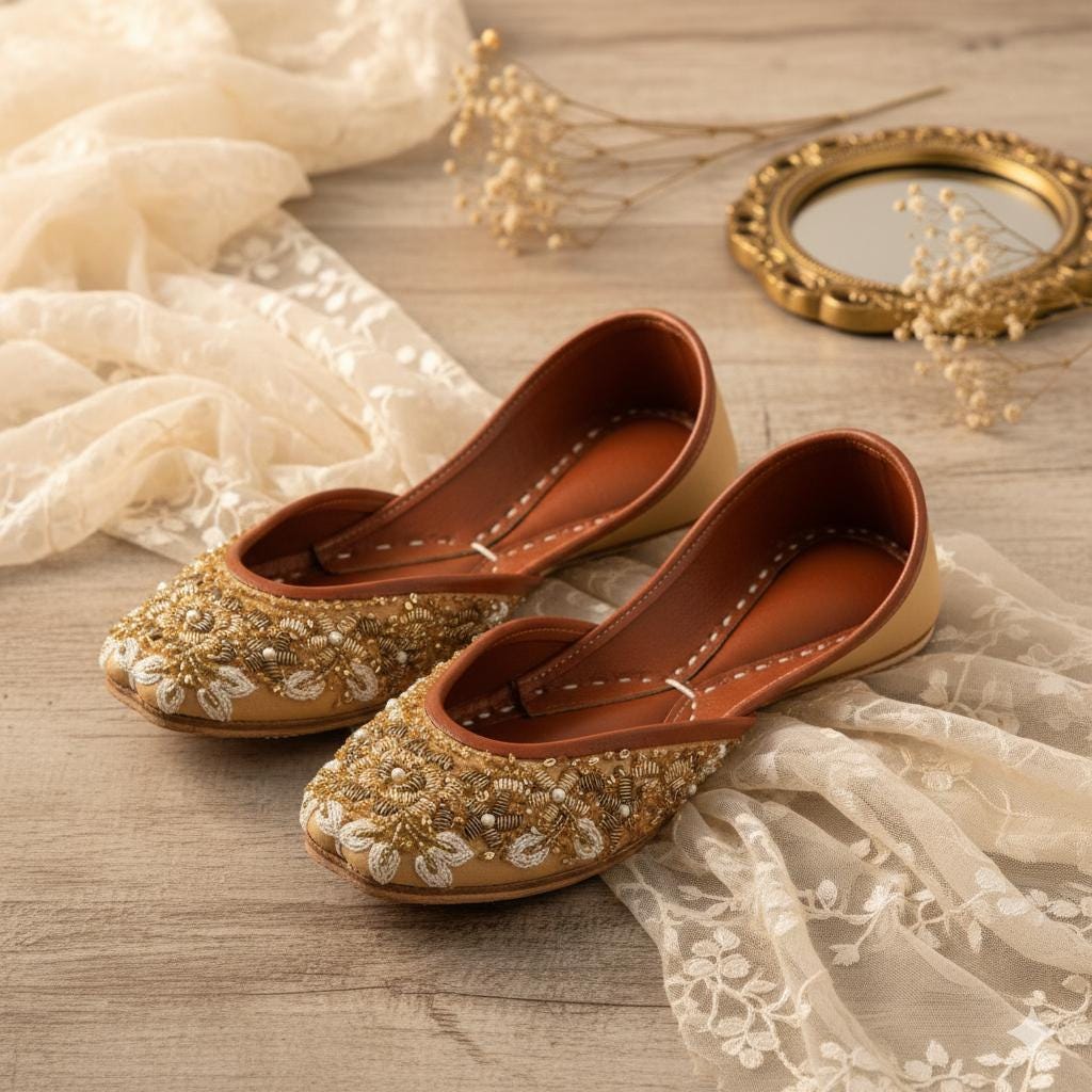 Handcrafted Gold Khussa Jutti, South Asian Bridal Wedding Shoes