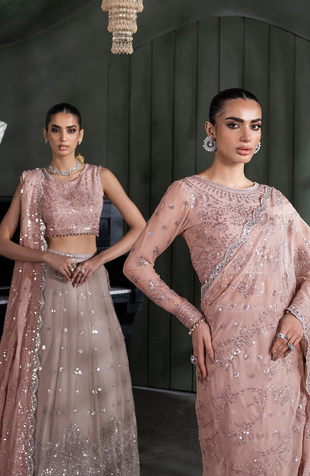 Pink Sequins Embroidered Chiffon Saree, Indian Wedding Wear