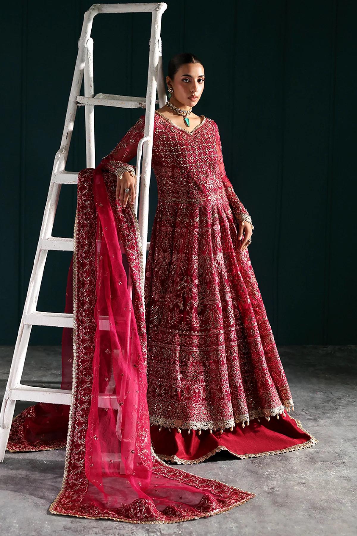 Fuchsia Embroidered Kamdani Maxi Dress: Pakistani Bridal Lengha