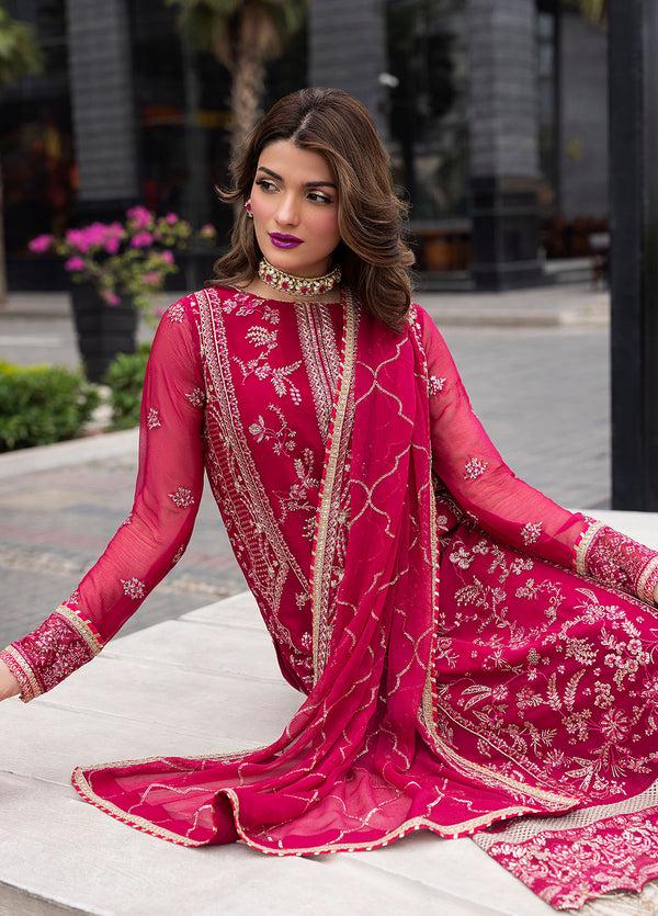 Red Embroidered Chiffon Pakistani Suit, 3 Piece