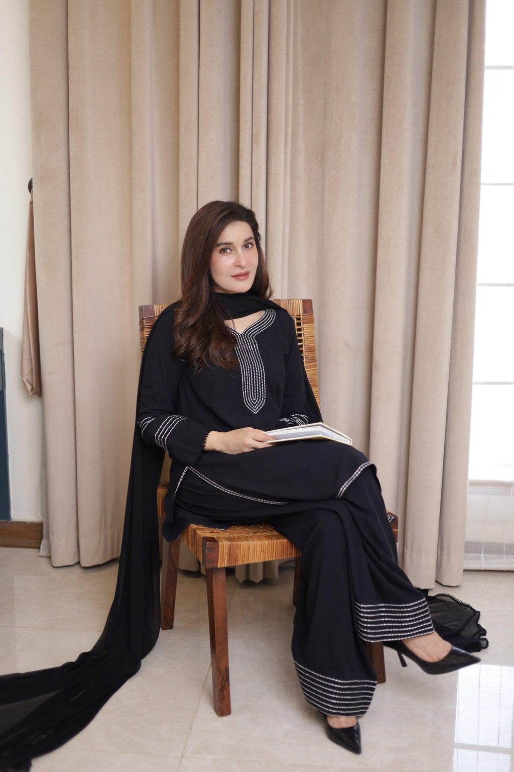 Plain Black light weight Monochrom 3pc stitched black kurti and flared trouserFree shipping