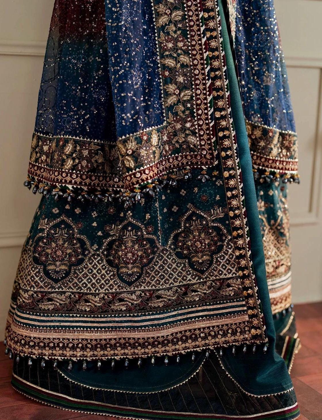 Blue Chiffon Pakistani Gown | Embroidered Dupatta, Silk Trouser