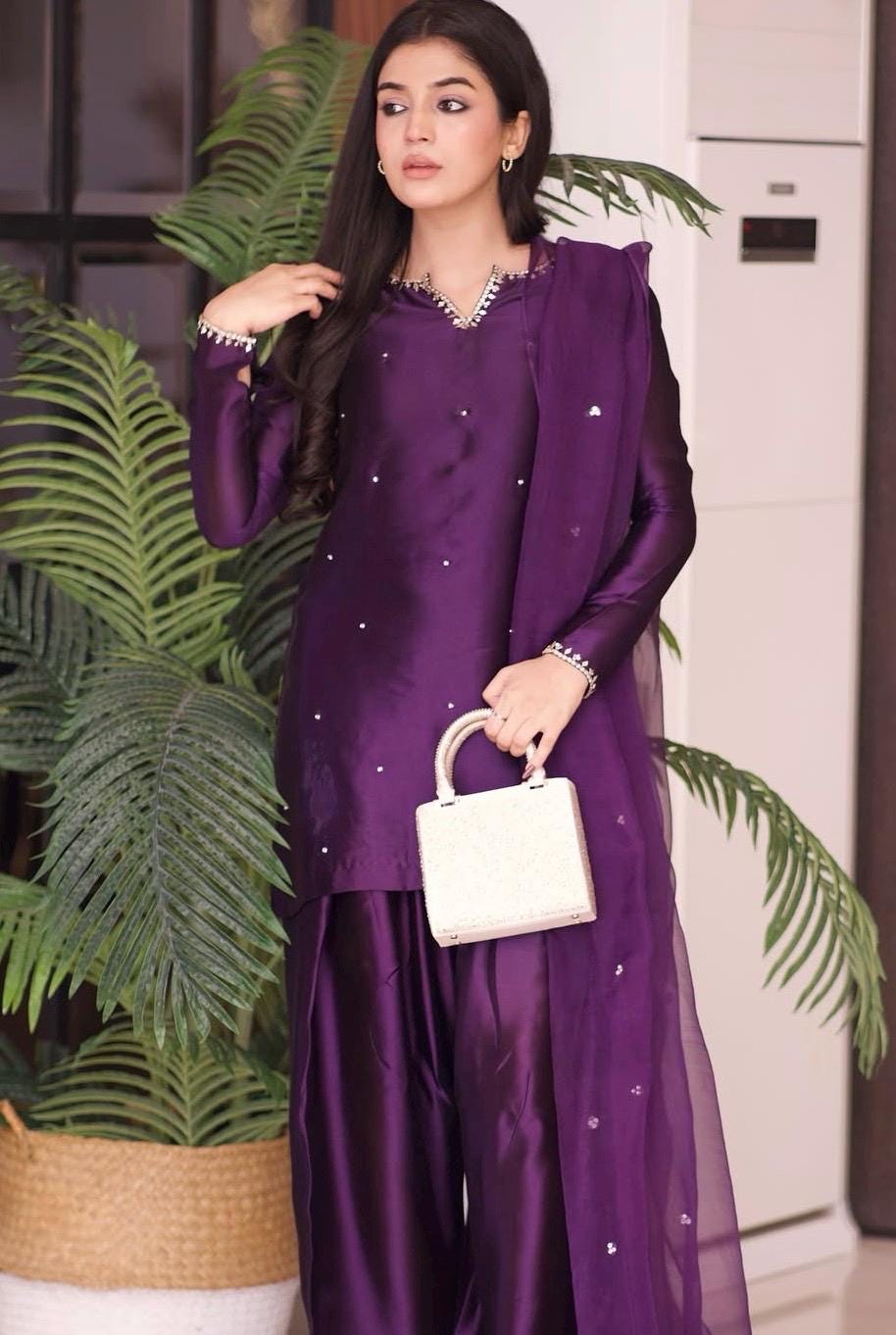 Purple Silk Farshi Shalwar Kameez: Sequins Indian Wedding Outfit