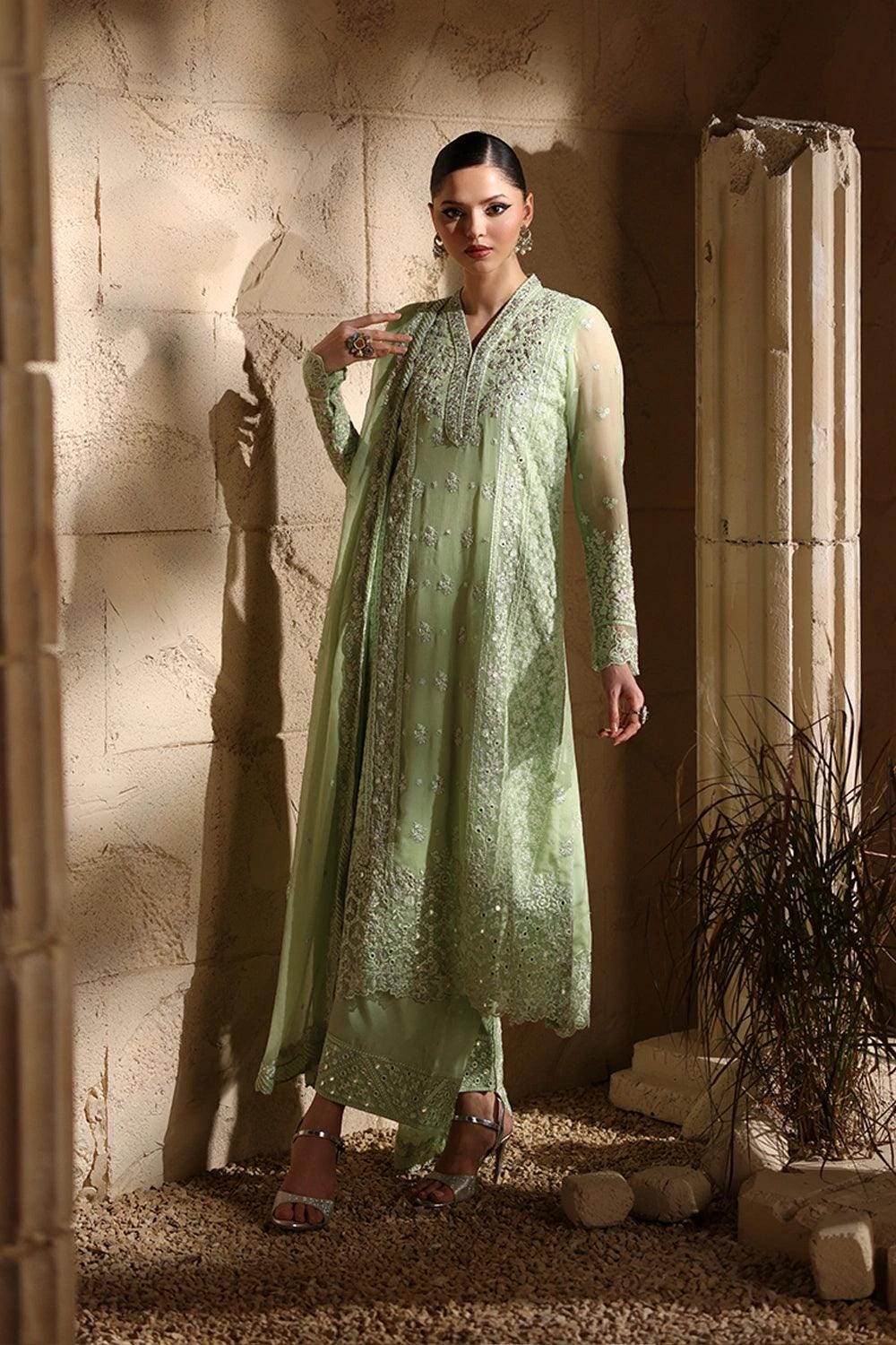 light green Chiffon Pakistani Bridal Suit: Embroidered Net Dress