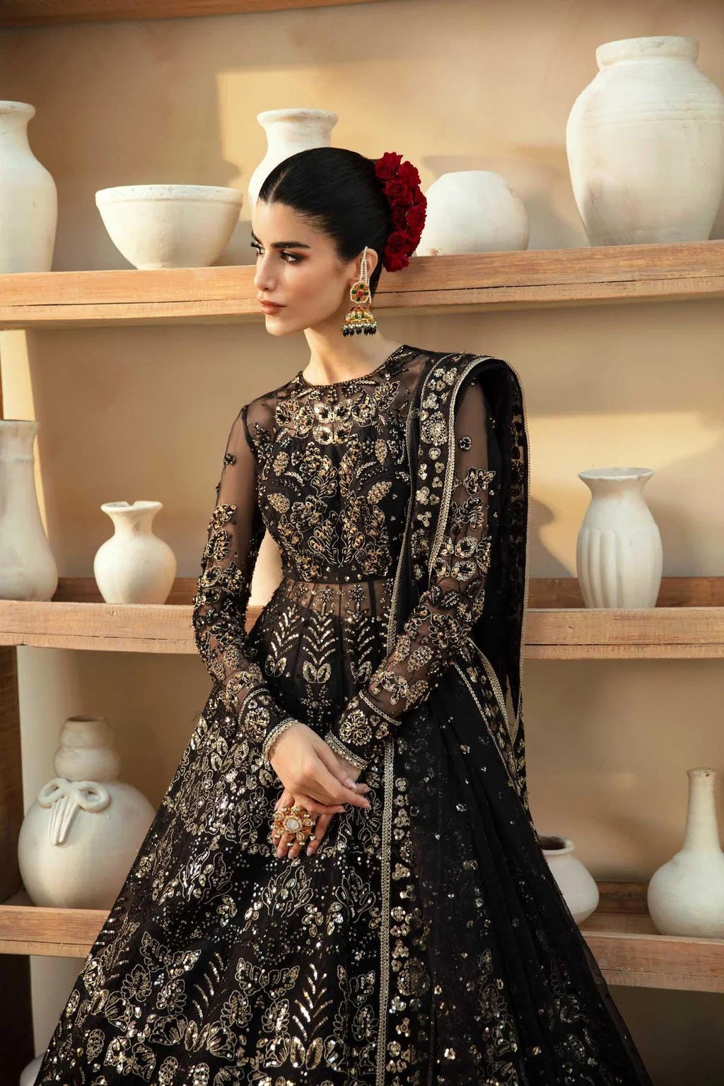 Black Sequin Pakistani Wedding Dress: Hand-Embroidered Bridal Gown