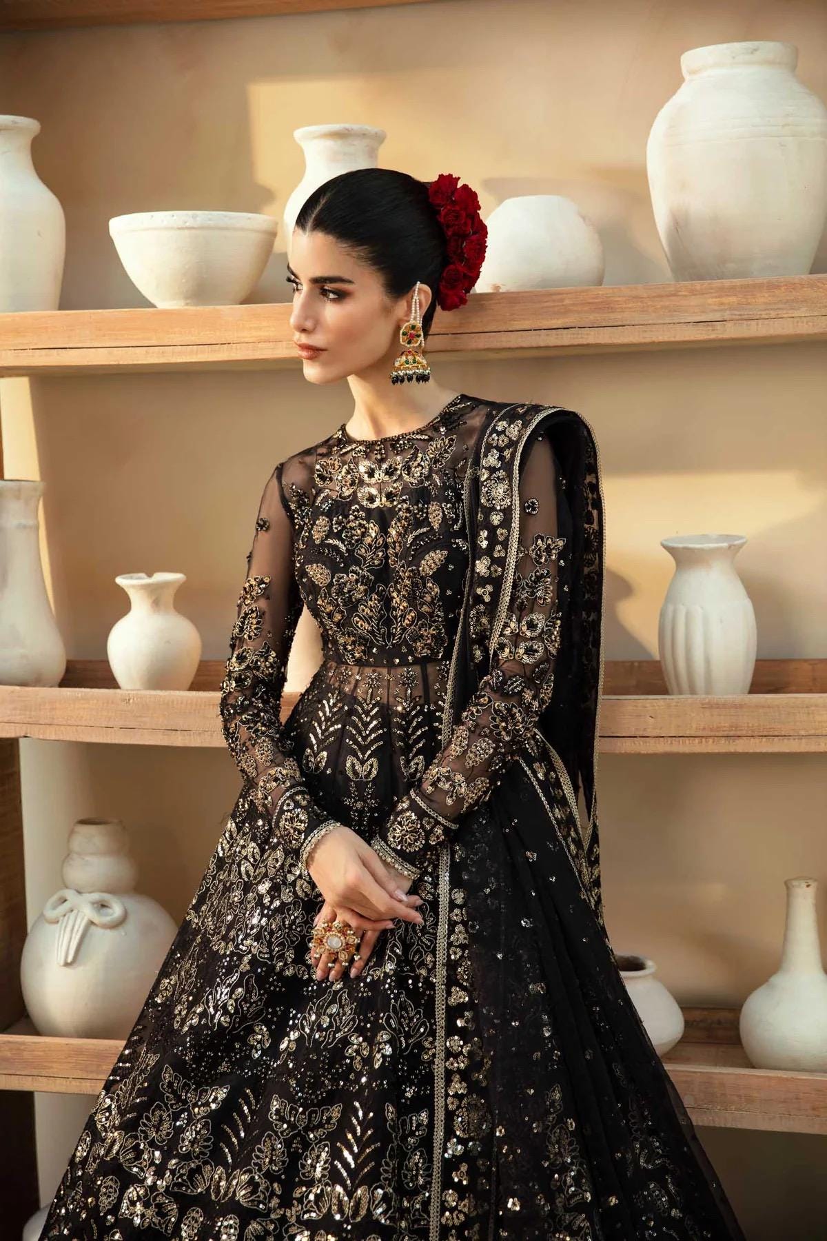Black Sequin Pakistani Wedding Dress: Hand-Embroidered Bridal Gown