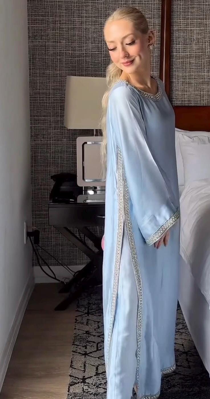 Blue Silk Kameez Shalwar, Pakistani Outfit, Stone Work 3pc