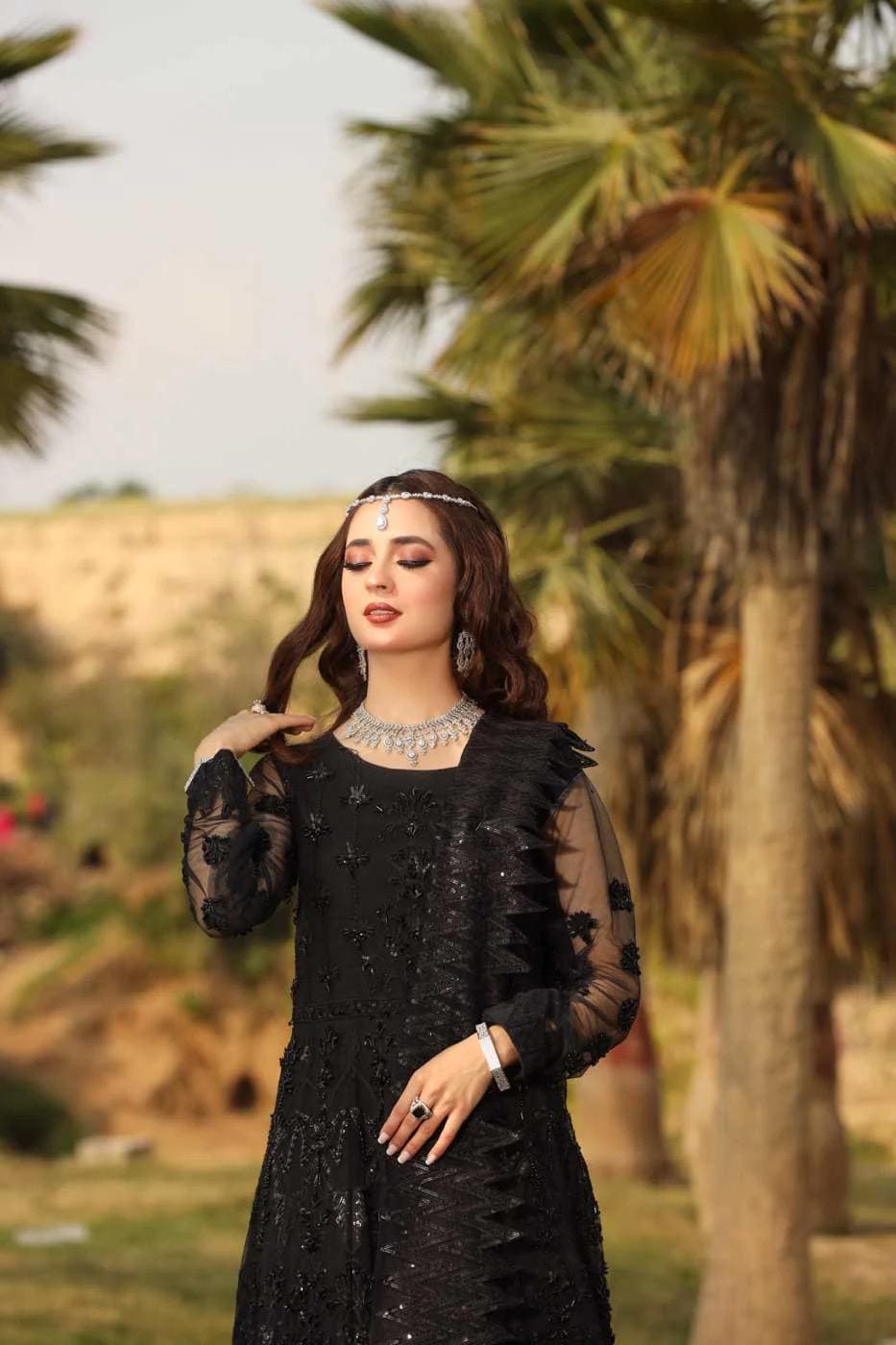 Black Embroidered Net Maxi Gown: Pakistani Wedding Reception Dress